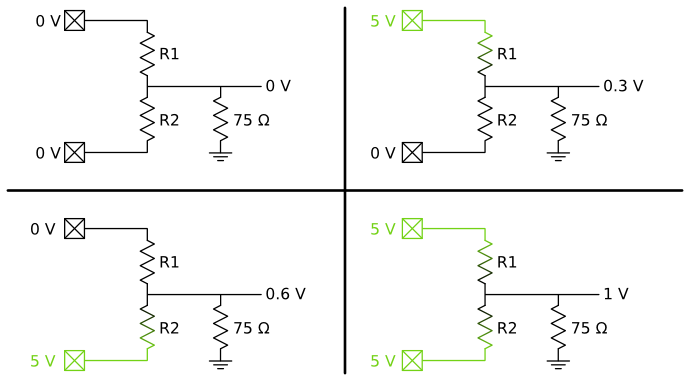 Voltage divider with television for all combinations of input voltages